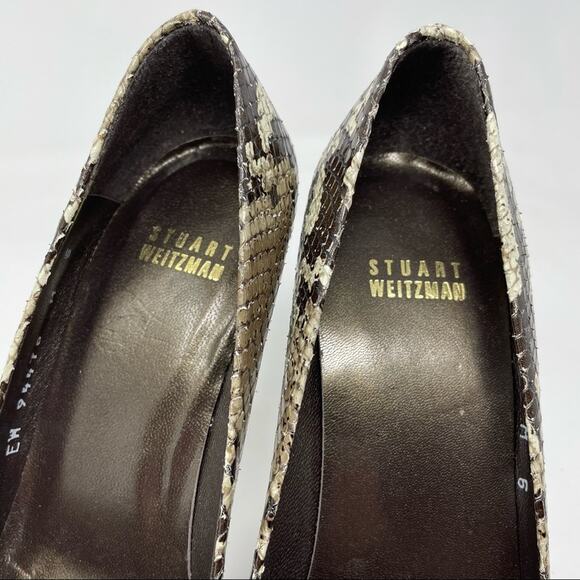 Stuart Weitzman Snakeskin Python Leather Peep Toe High Heels Shoes Black Tan 6 - Picture 6 of 11